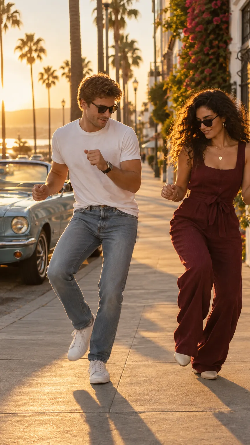 The golden-hour palm-tree street scene that your photo is composited into